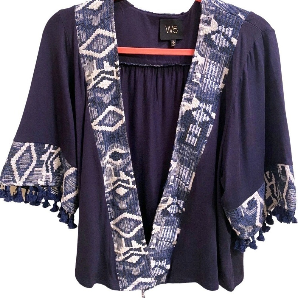 Anthropologie Kimono Cardigan Navy Fringe Size Small
